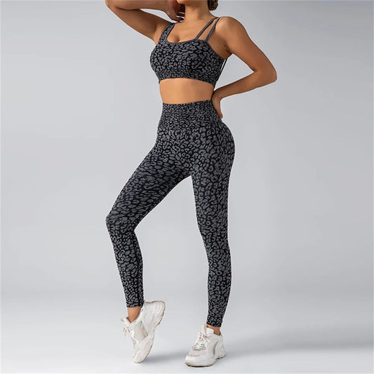 IonSculp® Leopard Yoga Set: High Waisted Leggings + Stretchy Backless Sports Bras